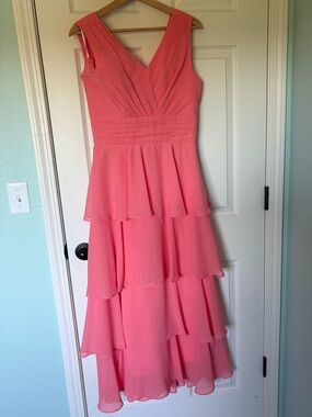 Junior’s Coral Pink Tiered V-Neck Dress